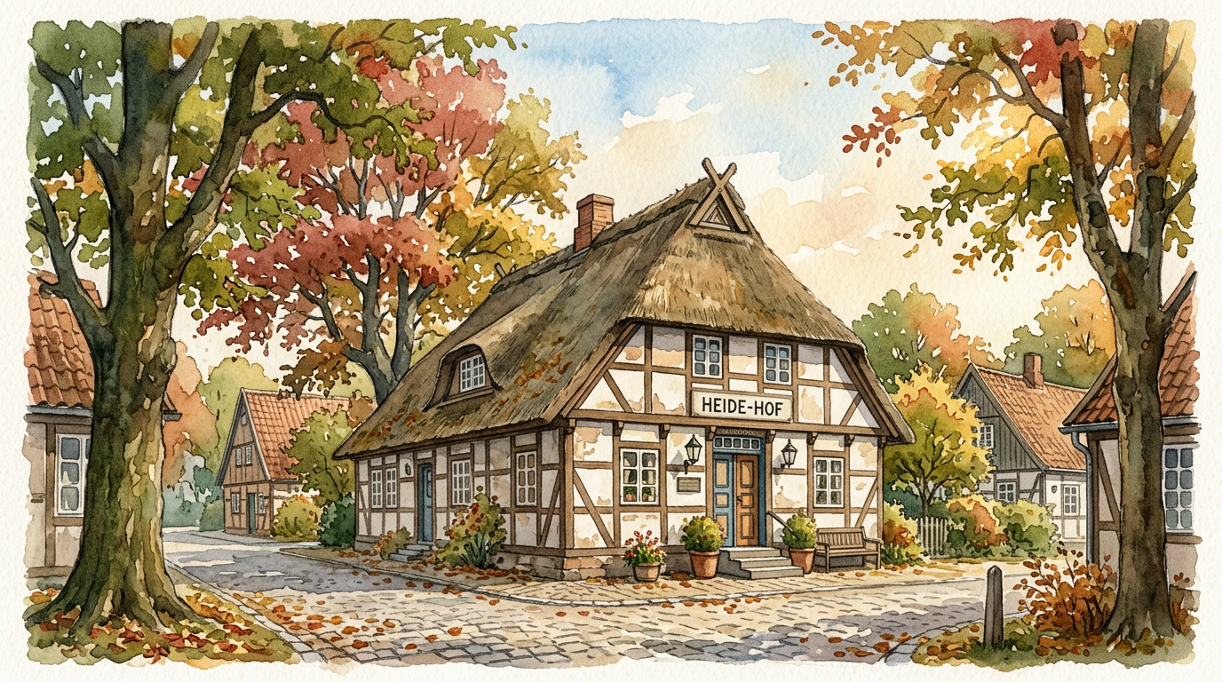 Aquarell vom Volksdorfer Ortszentrum mit Reetdach-Fachwerkhaus und herbstlichen Bäumen